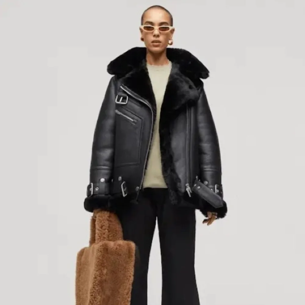 The Arrivals Women's Black Leather And Sherling Jacket,black Size Medium - Picture 3 of 8